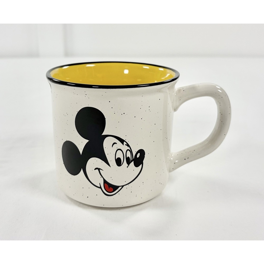 Zak Disney Mickey Mouse Ceramic Mug 16oz White Speckled Yellow Retro Campfire
